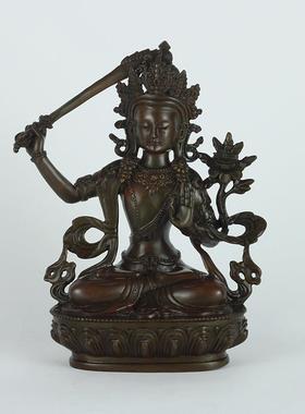 纯黄铜举剑文殊摆件文殊菩萨三圣家居玄关办公室桌面铜像装饰礼品