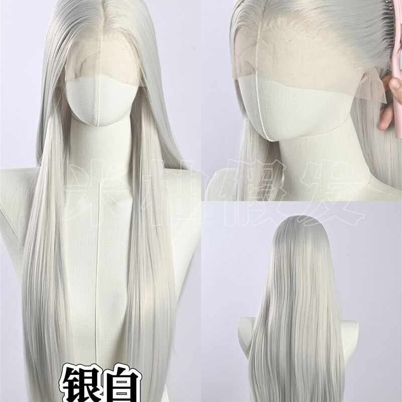 白色和灰色的手钩额头花边假发13*4全头饰女性漫画秀毛娘绿叶Cos