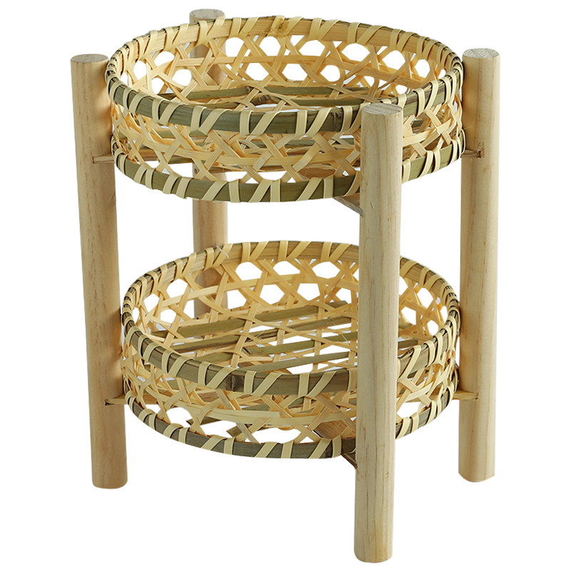 手工竹编收纳筐双层水果盘竹编制品簸箕家用客厅点心筐竹篮展示架