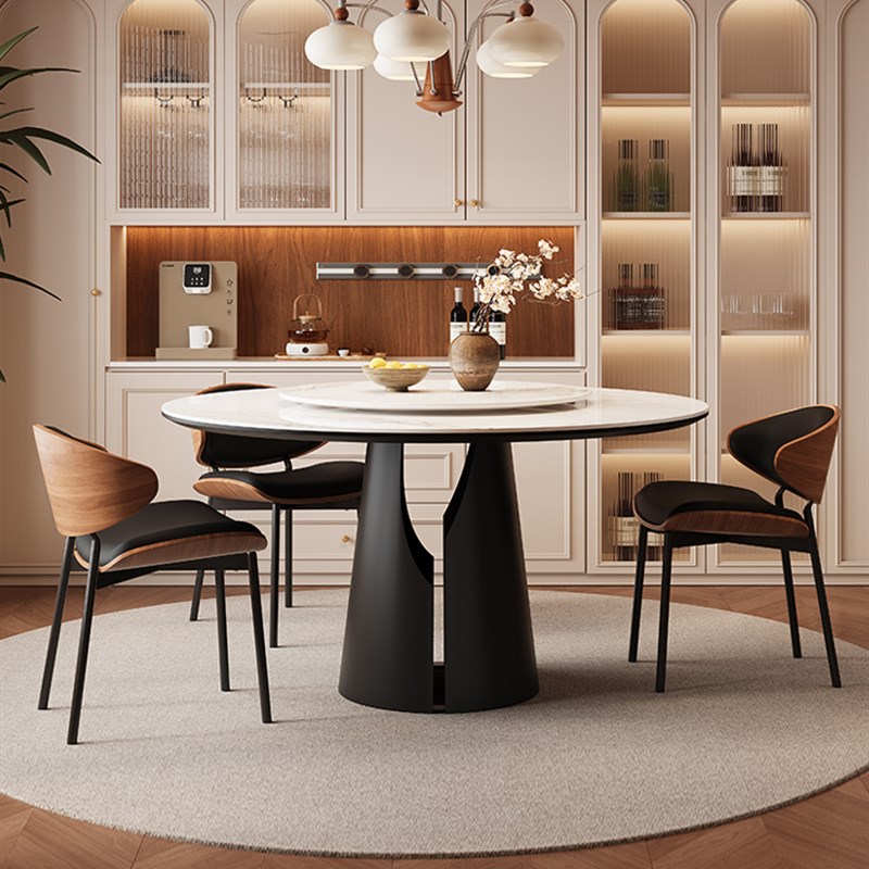 岩板圆餐桌家用高级感圆桌现代简约意式极简圆形餐桌椅组合带转盘