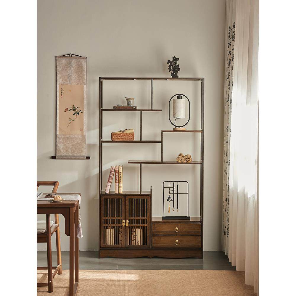 A8L博古架实木新中式背景隔断茶室办公室摆件茶柜装饰茶架子置物