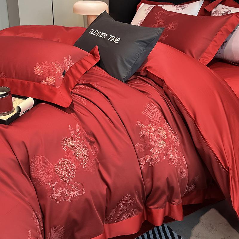 婚庆4件套100S长绒棉全棉四件套数码印花被套结婚床上用品1.8米红