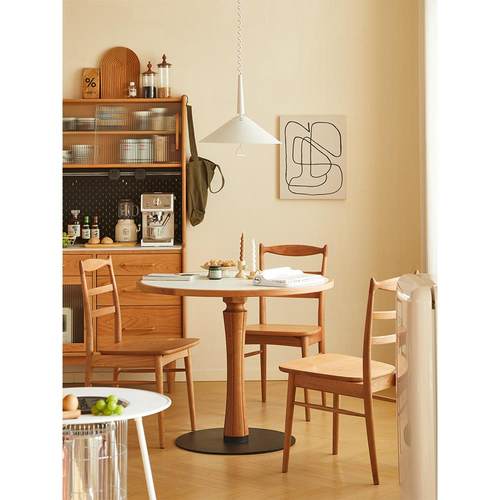 北欧实木圆桌岩板复古客厅餐厅家用现代简约小户型樱桃木圆形餐桌