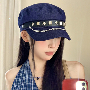 复古铆钉星星深牛仔平顶贝雷帽女y2k甜酷辣妹画家帽气质八角帽子