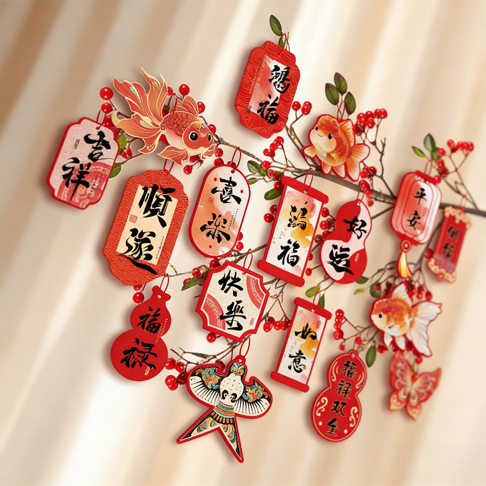 新年快乐装饰挂件2026马年绿植树上小灯笼挂饰福字喜庆氛围布置品