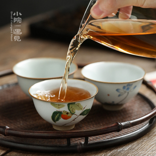 小院陶瓷汝窑品茗杯手绘功夫茶具单杯茶盏开片可养主人杯茶杯套装