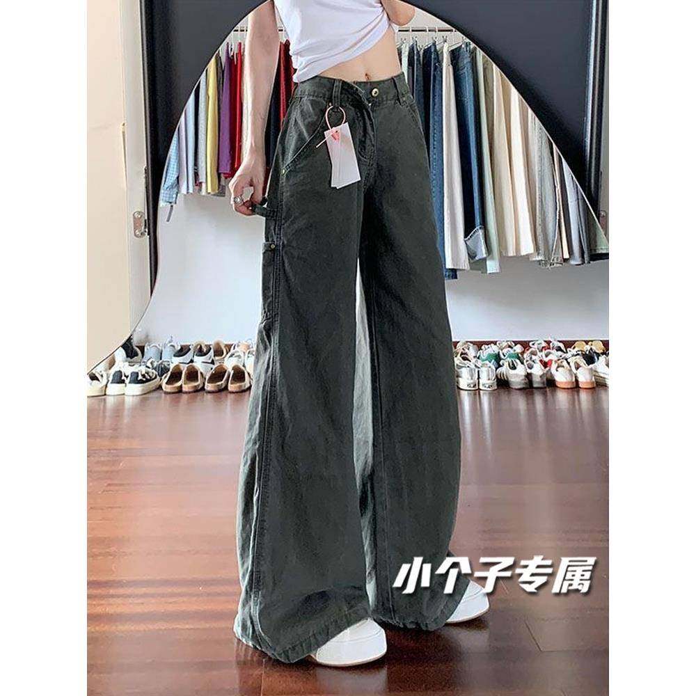 小个子超好看工装裤牛仔裤女款春秋新款军绿色裤子直筒通勤休闲裤