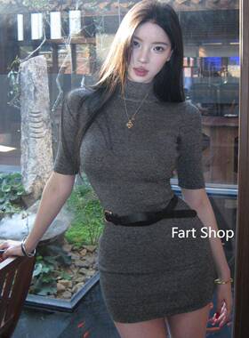 【Fart Shop】~ 御姐包臀连衣裙女半高领毛织显瘦紧身半袖短裙子