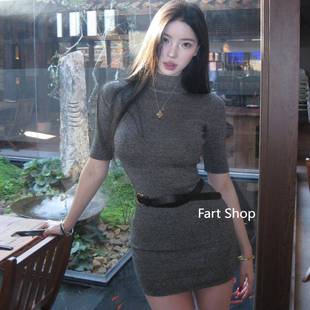 【Fart Shop】~ 御姐包臀连衣裙女半高领毛织显瘦紧身半袖短裙子