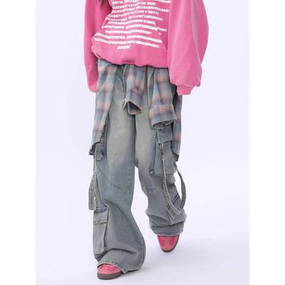 AONW丁禹兮同款美式覆古水洗做旧多口袋工装牛仔裤女潮牌宽松直筒