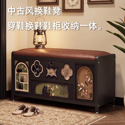 家用进门口中古风穿换鞋凳可坐式软包鞋柜子一体入户玄关法式复古