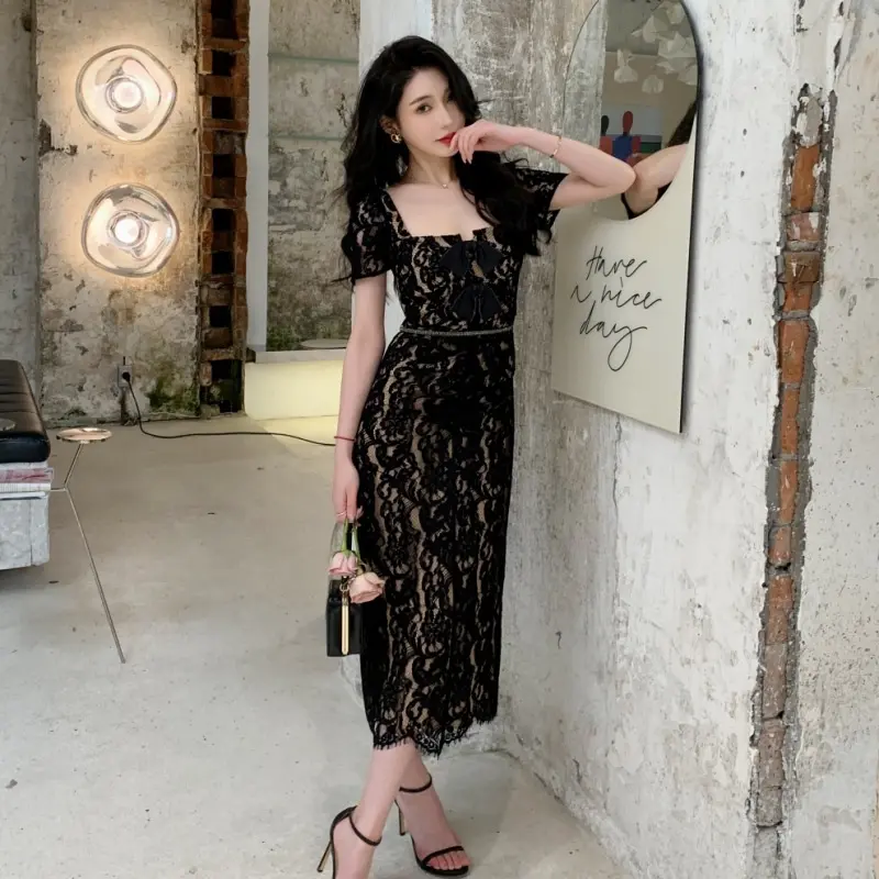 春款女装黑色蕾丝性感气质修身收腰连衣裙长裙子美依礼芽同款纯色