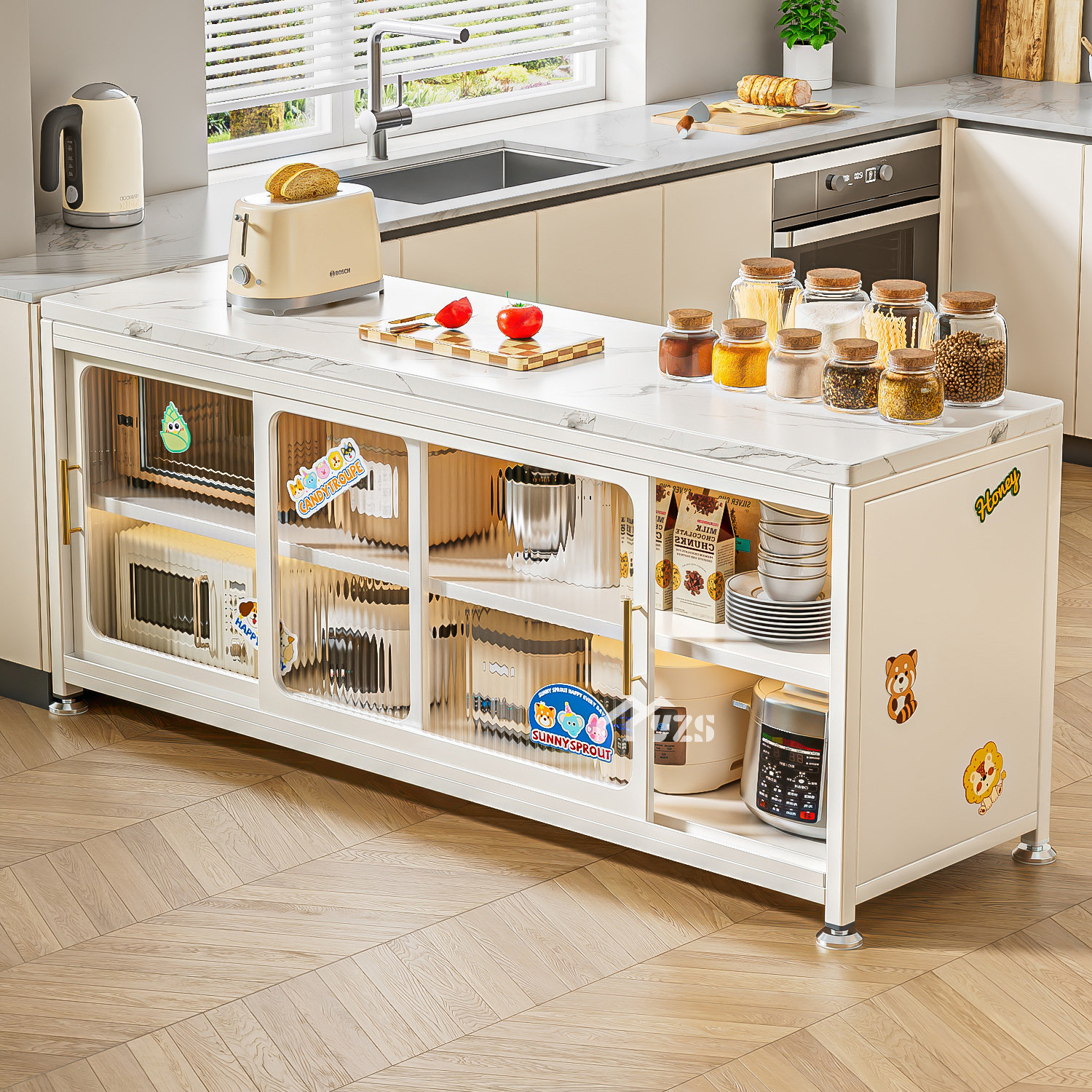 厨房橱柜石岩板台碗柜置物架家用橱柜微波炉多功能组装灶台小户型