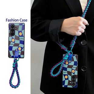 w24 zfold5 w23 w26 尾火虎适用于三星ztrifold手机壳三折叠扭曲格子笑脸趣味可爱卡通ins日韩风挂绳zfold7