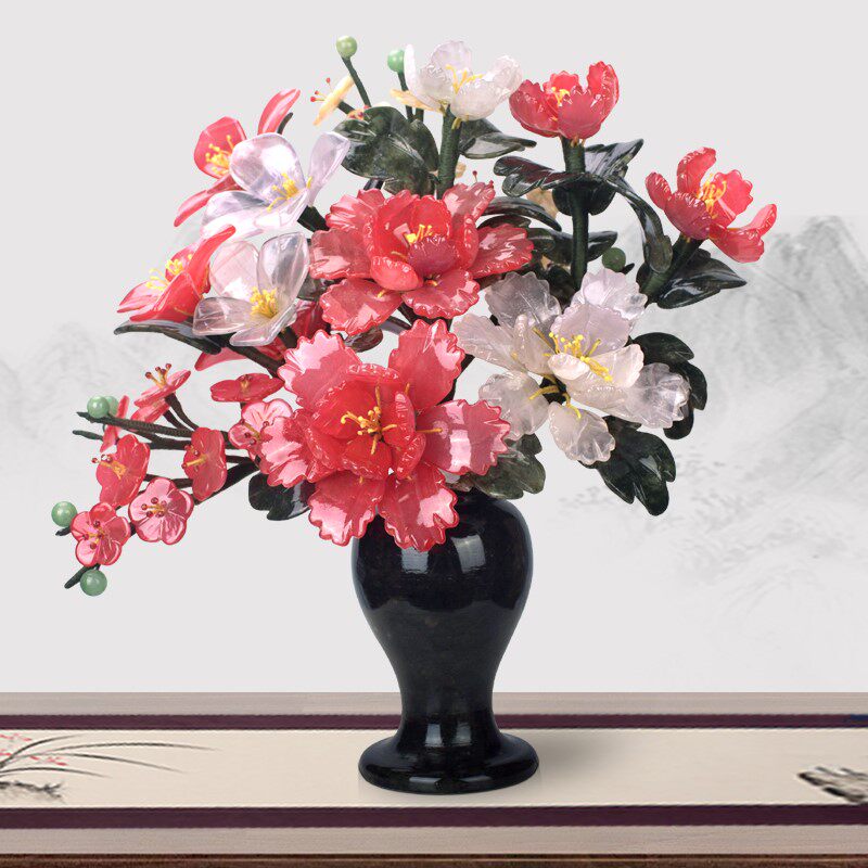 天然玉石盘景牡丹花客厅家居玄关电视柜创意工艺礼品摆饰玉雕中式