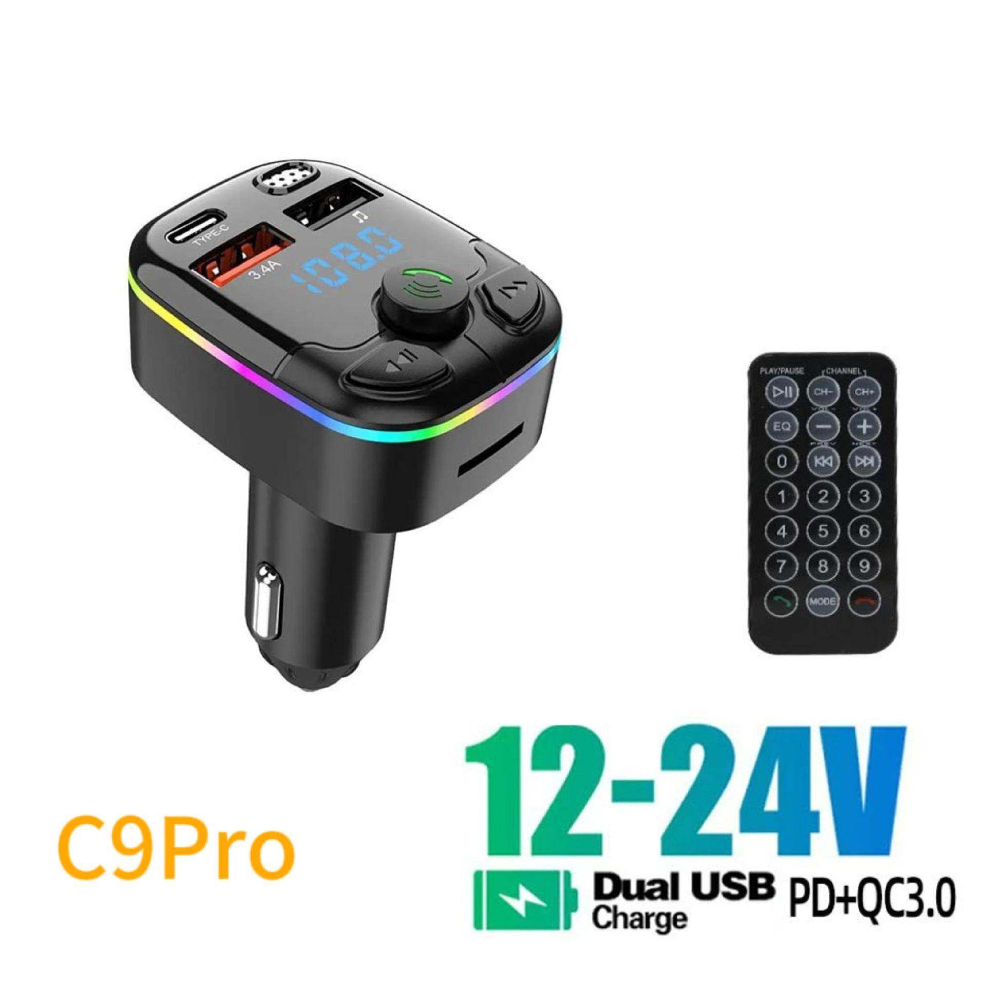 新款C9p车载蓝牙MP3免提通话带遥控器FM发射器3A蓝牙车充厂家直销