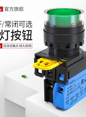 r.star按钮开关带灯220v24v自复位平头圆形绿色启动停止按钮22mm