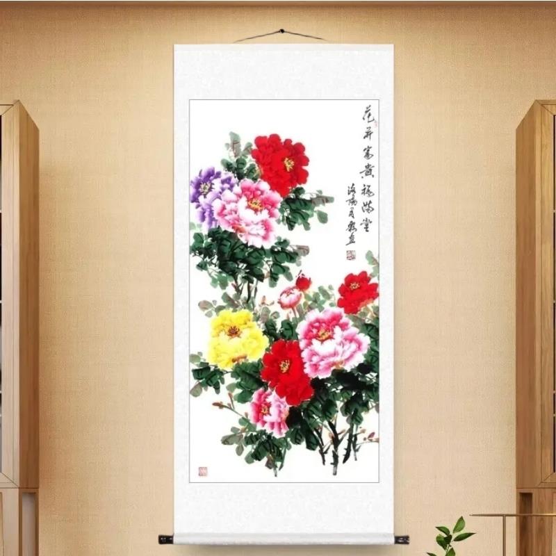 手绘牡丹装饰画花开富贵卷轴挂画中式客厅玄关过道客厅装饰画竖版图片