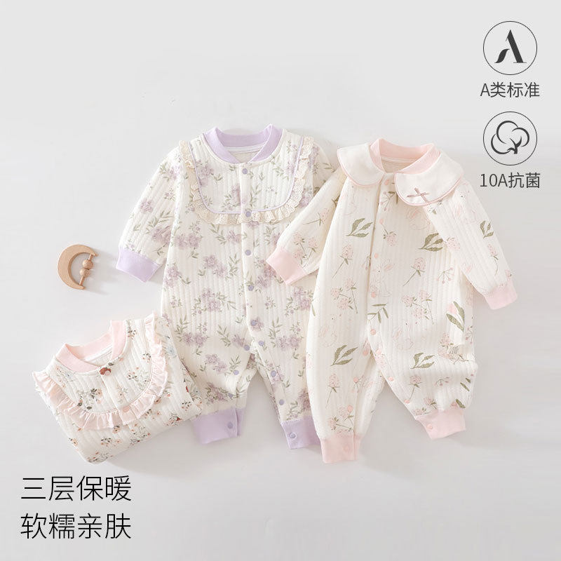 小兔朵朵婴儿连体衣秋冬季纯棉保暖新生儿夹棉内衣服宝宝哈衣睡衣