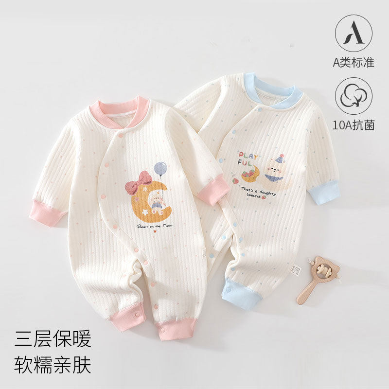 草莓小狗新生儿连体衣秋季夹棉初生宝宝哈衣婴儿保暖冬打底衣服