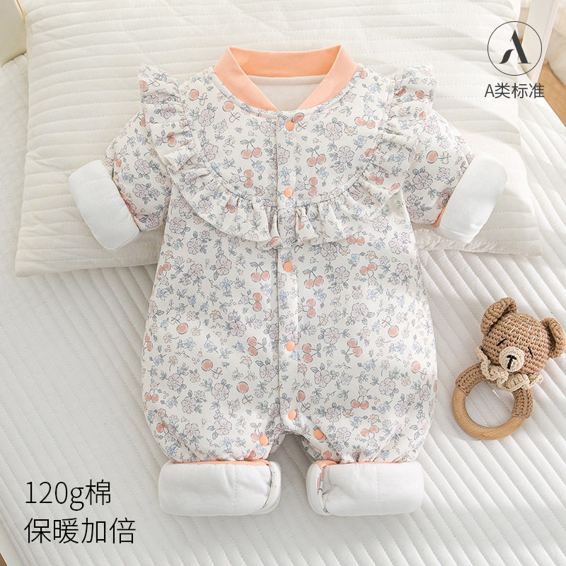 樱桃花团婴儿棉服夹棉连体衣男女宝宝婴儿外出服加厚宝宝连体衣