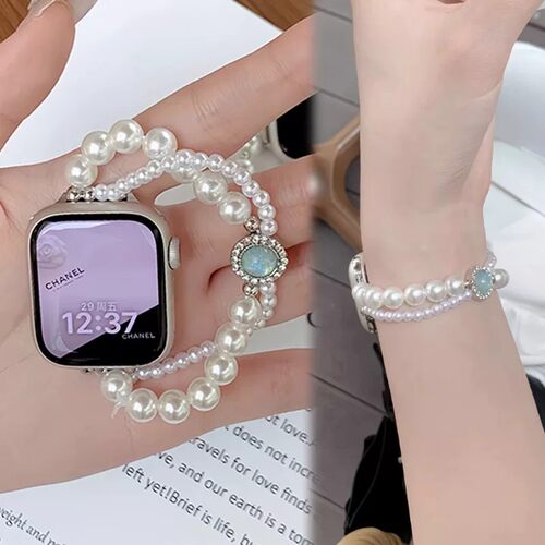 日本MLINJ小香风珍珠手链iwatch表带适用S10苹果手表applewatch女