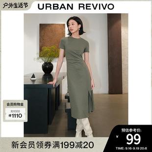 UR2024夏季女装时尚褶皱收腰修身圆领短袖气质连衣裙UWG740021
