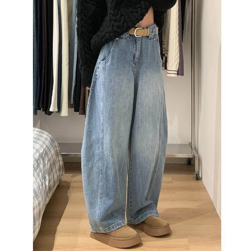 美式复古弯刀牛仔裤女春季新款大码胖mm高腰宽松遮胯显瘦阔腿长裤