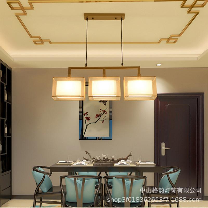 新中式餐厅吊灯长方形三头饭厅书房茶室灯具仿古茶楼台吧灯饰220V