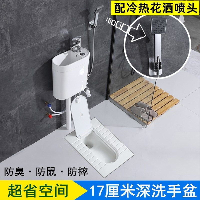 带盖板蹲便器洗手陶瓷冲水箱台盆淋浴花洒水龙头隐藏式翻盖蹲坑盆