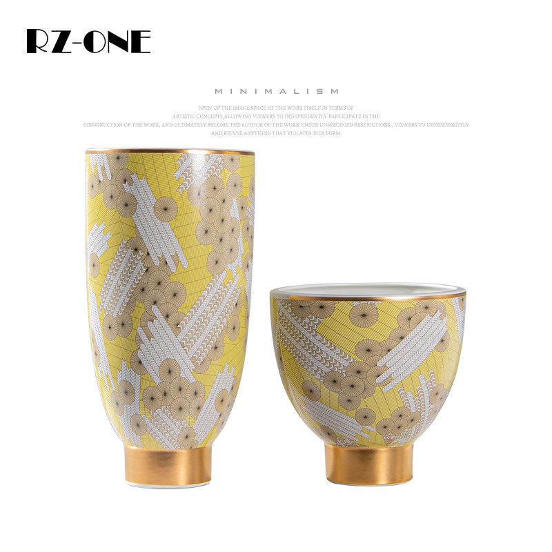 Rzone 现代轻奢陶瓷描金边花瓶大口径插花干花器花盆玄关餐桌摆件