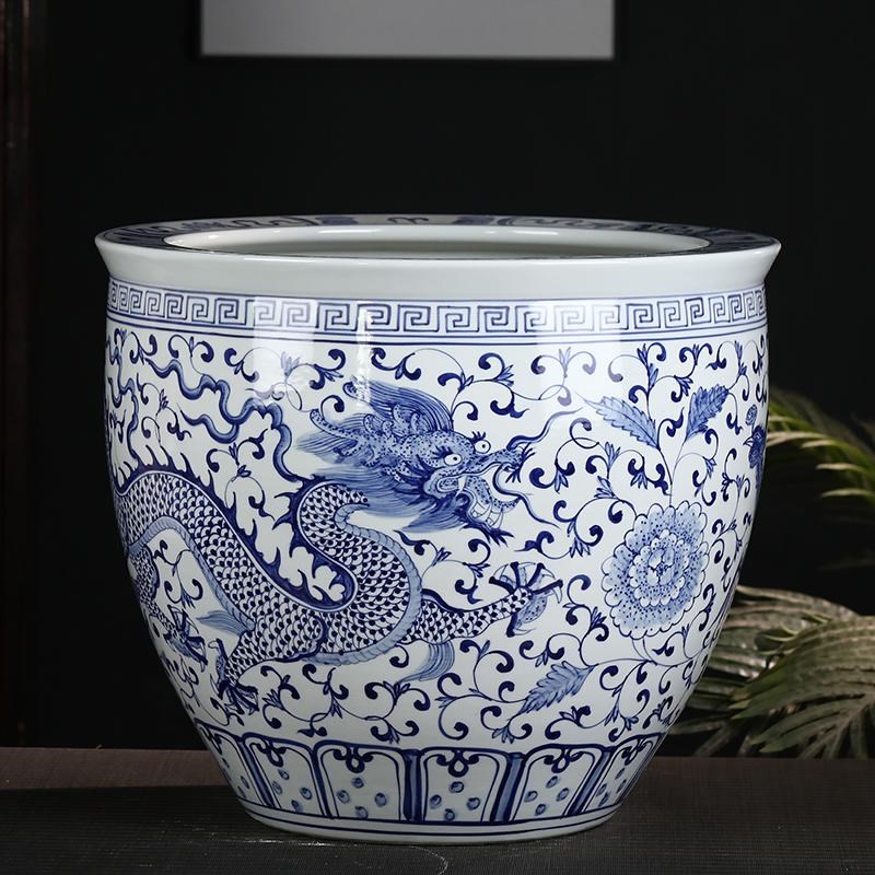 陶瓷大缸手绘青花龙纹养鱼水缸家用客厅睡莲荷花盆庭院门海锦鲤缸