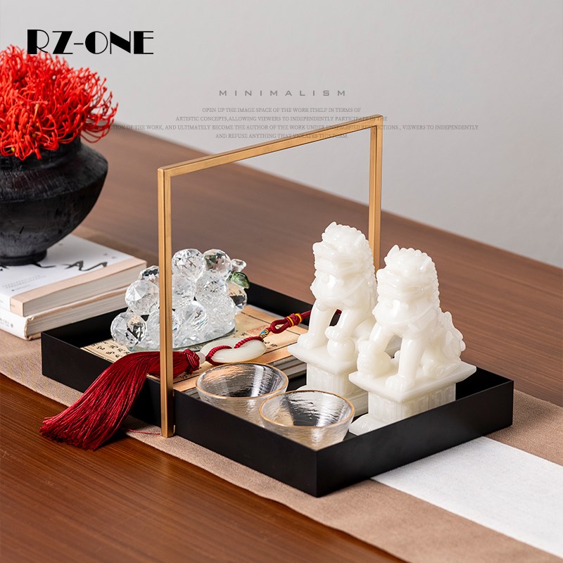 Rzone 新中式简约托盘玉石狮子装饰摆件样版房卖场客厅茶几装饰品