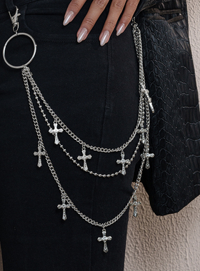 欧美朋克十字架吊坠裤链时尚流行多层金属链条腰链嘻哈潮流配饰