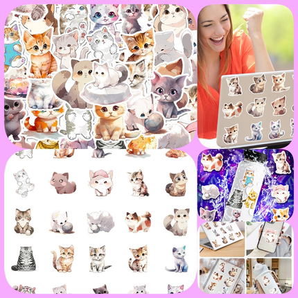 50张新款卡通水墨猫咪可爱萌宠淡色水彩猫贴纸可装饰笔记本电脑手帐厨房汽车广告墙面手机电动车鱼缸背景贴
