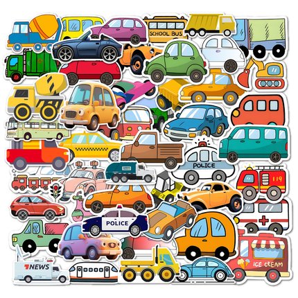 360张卡通越野车汽车贴纸工程车交通工具救护车挖掘机搅拌车飞机创意装饰笔记本电脑行李箱冰箱头盔防水贴画