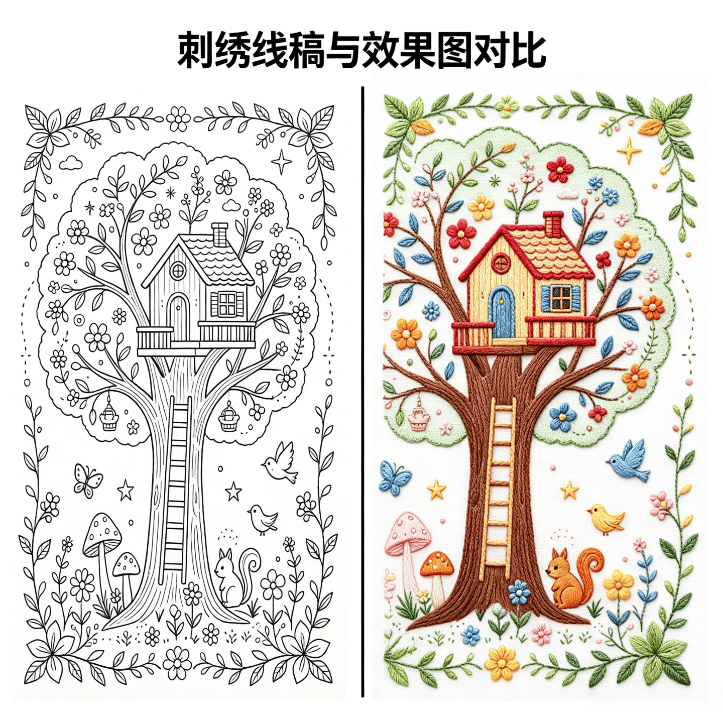 A4绣花童话花园小屋黑白线稿图