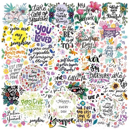 50张小清晰花朵新款励志文言英文英文厨房贴纸女孩儿童行李箱笔记本电脑手机壳水杯平板音响吉他diy防水贴画