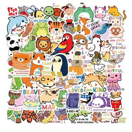 50张卡通可爱趣味水果小动物激励英文早教贴纸学生奖励小图案装饰手机壳diy收纳盒保温杯笔记本电脑diy防水贴