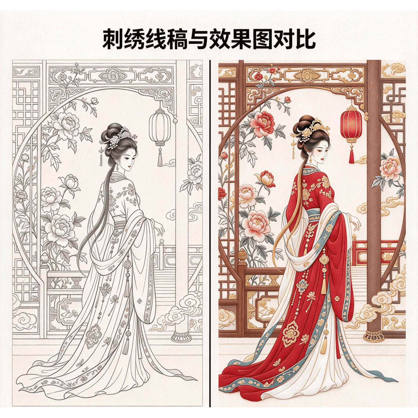 古风仕女红裙牡丹灯笼刺绣线稿