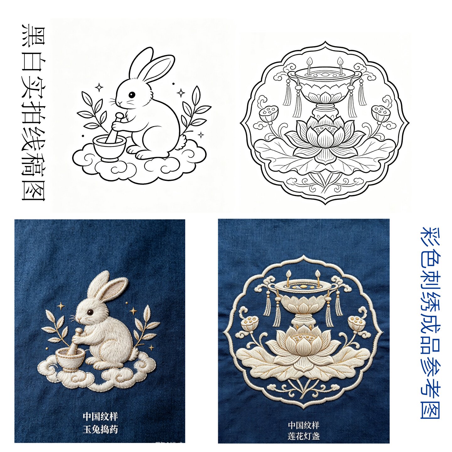 玉兔莲花刺绣线稿水溶布转印贴纸