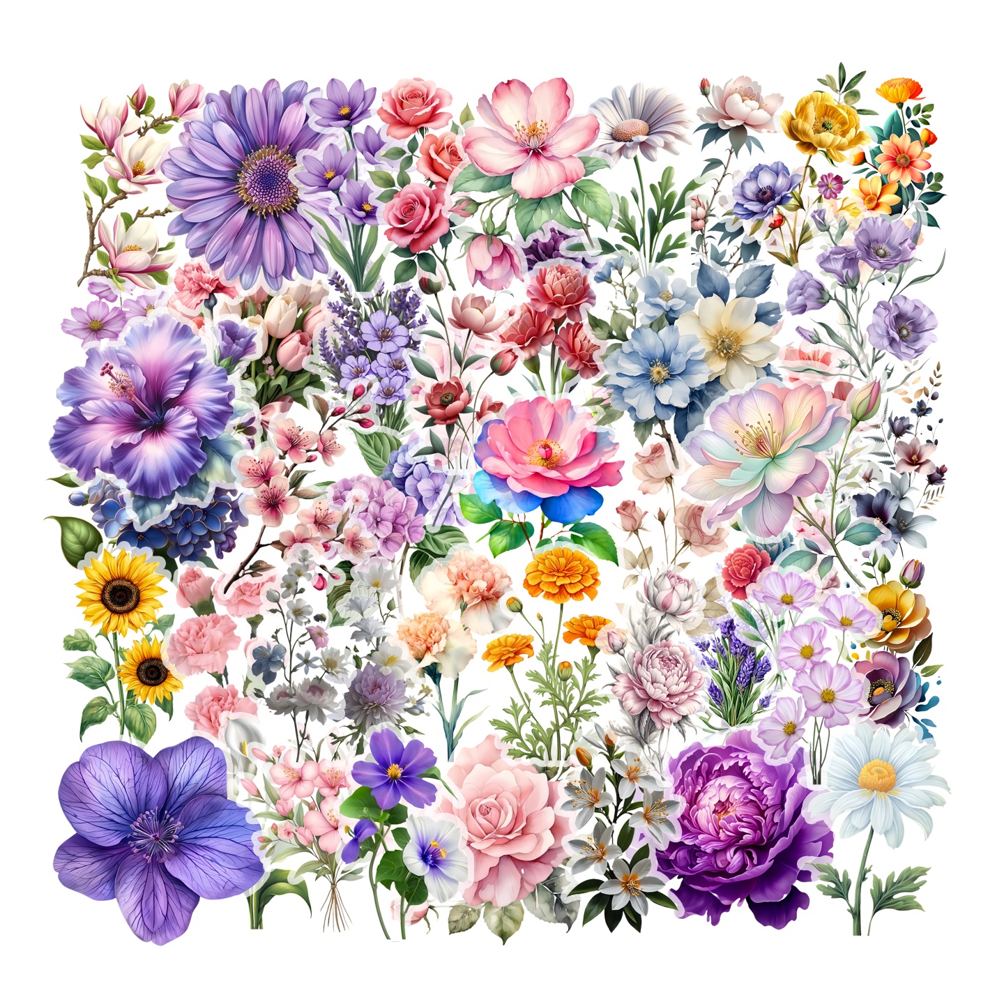 50张小清新紫色花朵防水贴纸