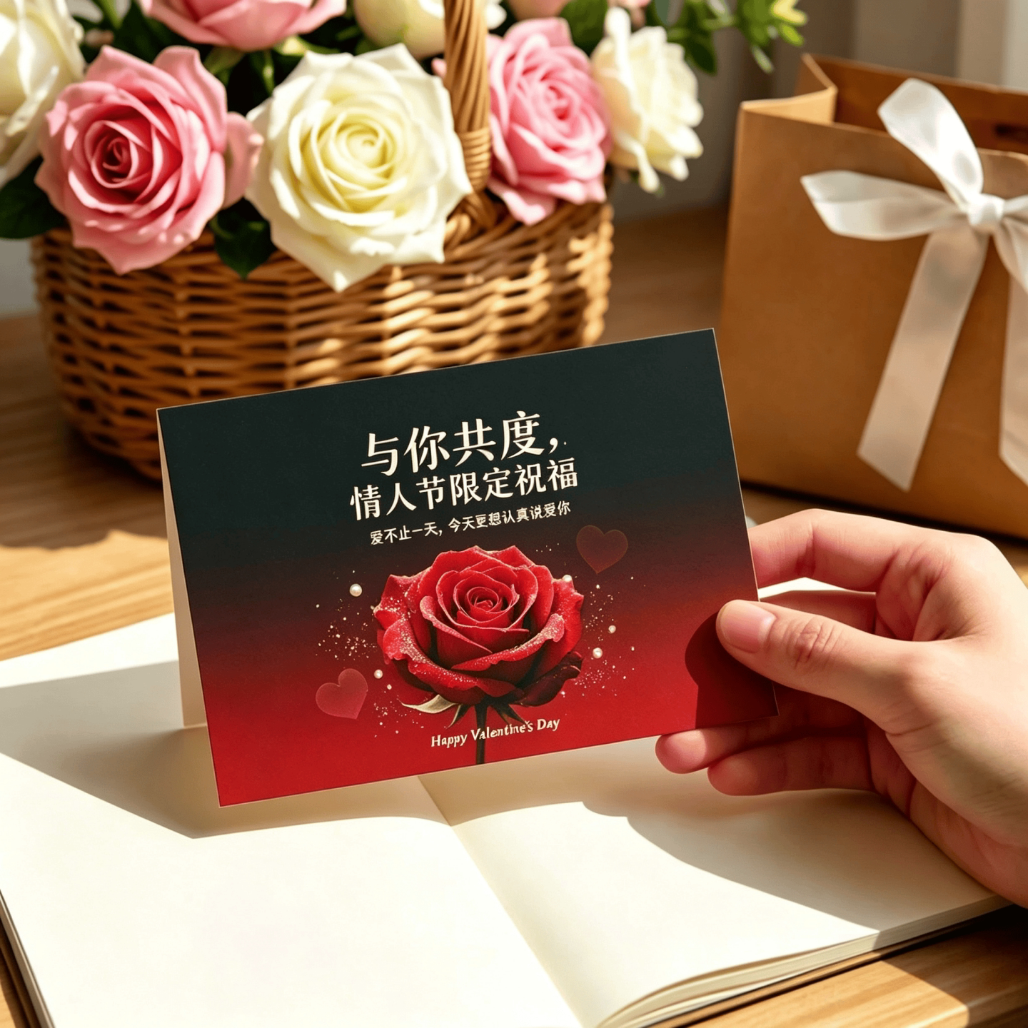 情人节玫瑰花手写贺卡表白必备