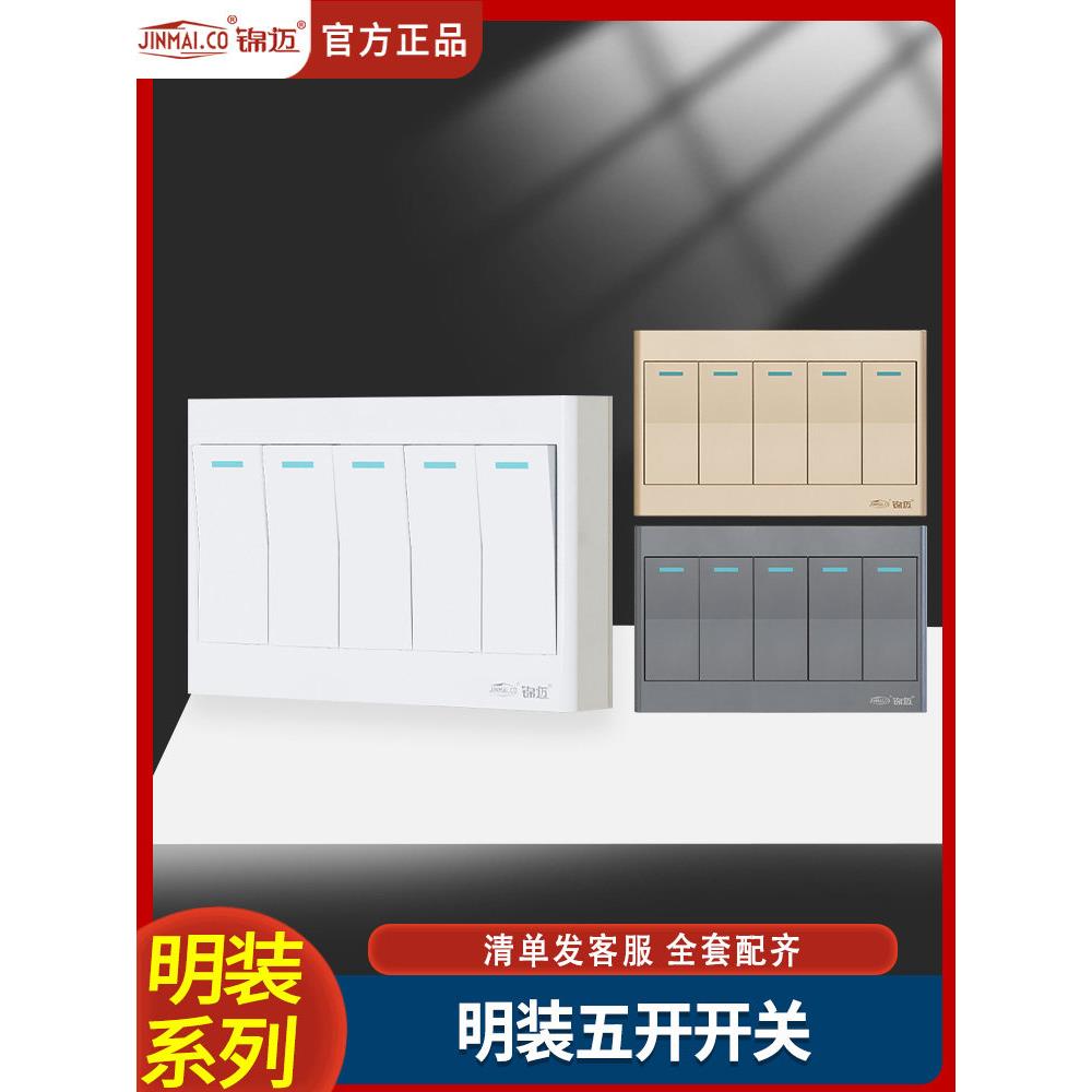 白色明装超薄长型5开双控开关面板灰色五联 金五开单控开关明线盒