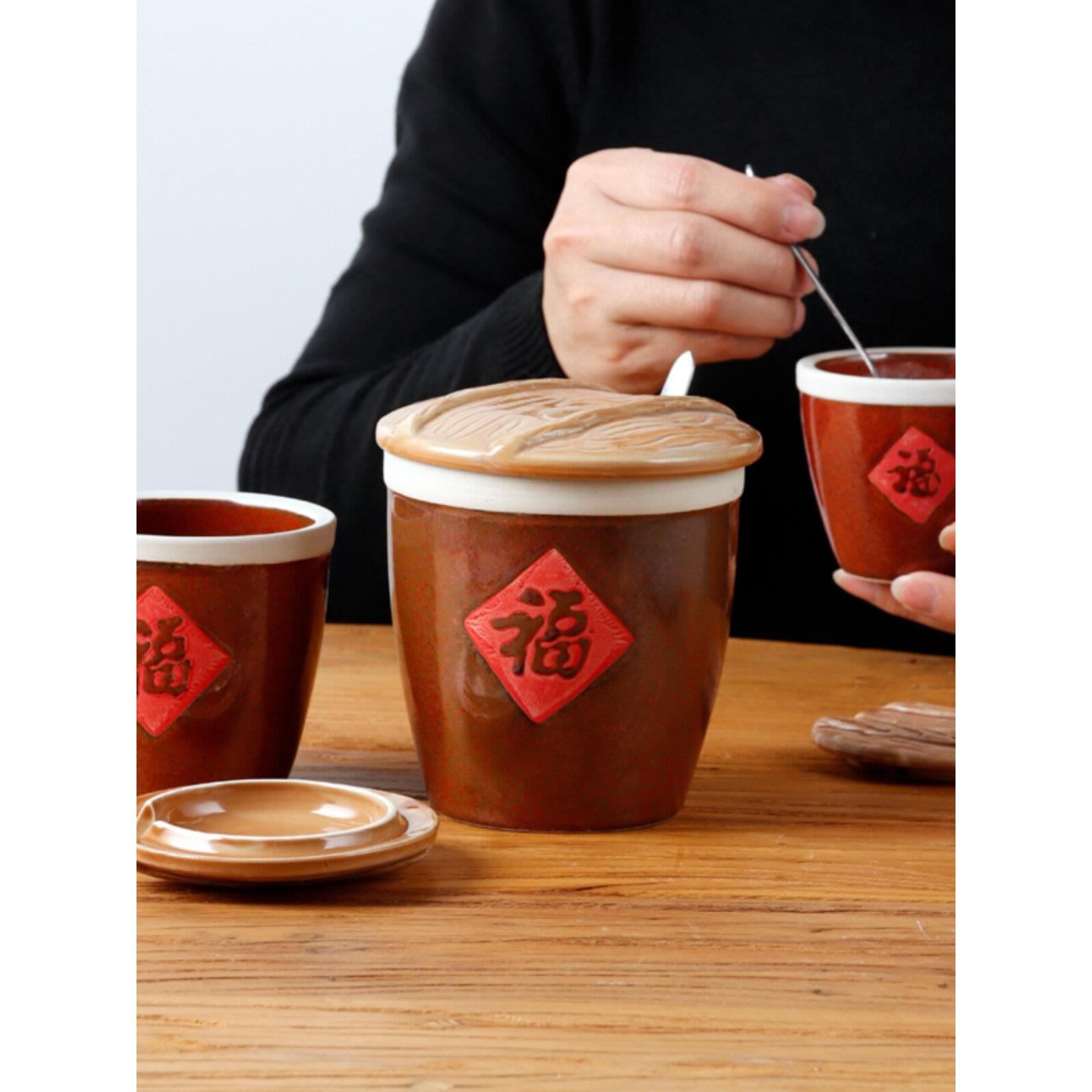 创意厨房调料缸红色福字缸中式餐厅调味罐水杯酱缸带盖油盐酱醋罐