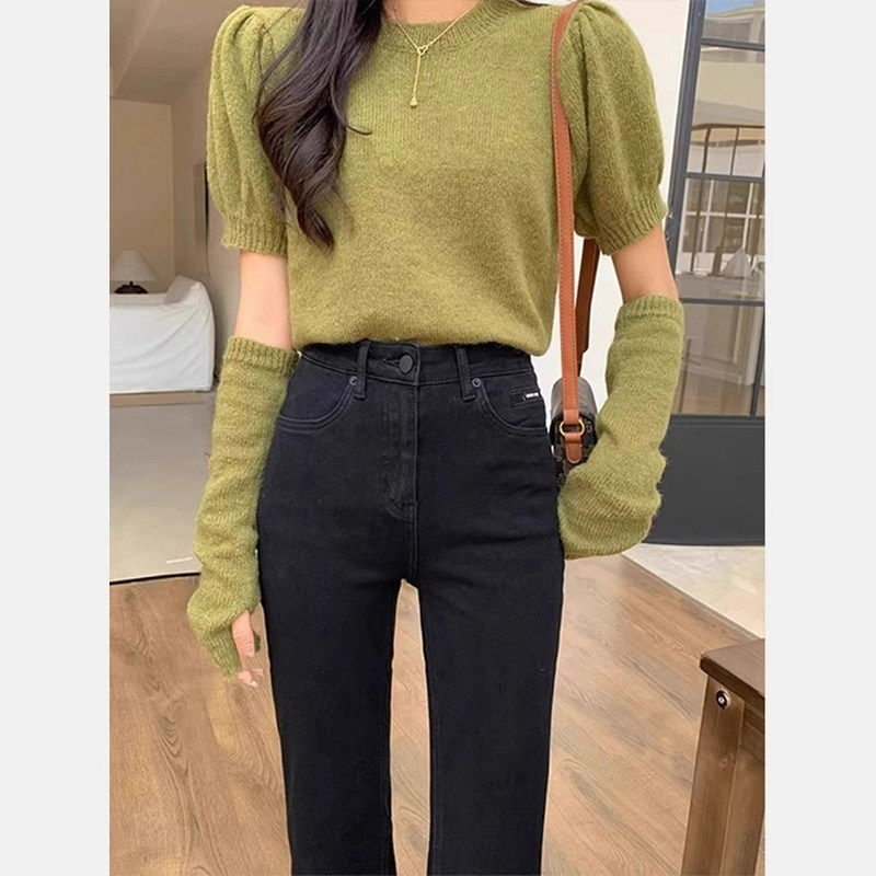 黑色微喇牛仔裤女春秋大码胖妹妹梨形身材裤子显瘦高腰九分直筒裤