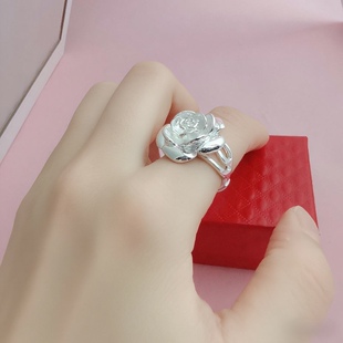 玫瑰花戒指纯银99女韩版简约时尚夸张个性食指戒子复古开口指环