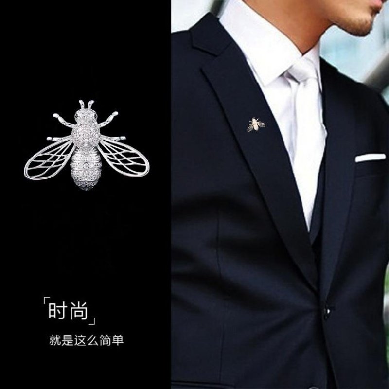 日常新款男生款西装服士时尚水晶蜜蜂胸针小领针真金电镀微镶锆石