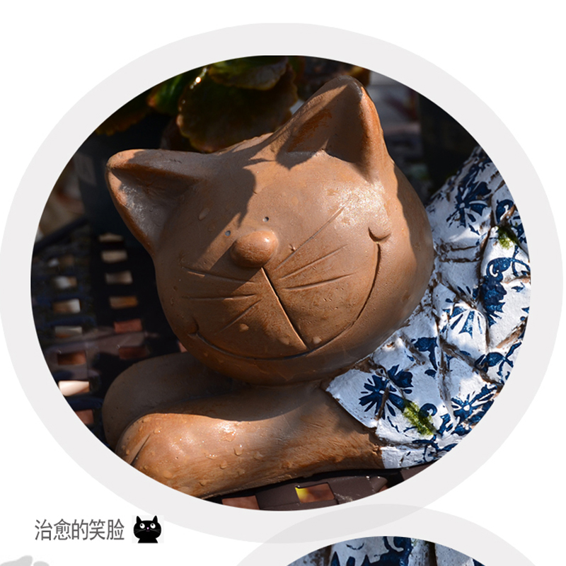 庭院创意小猫咪摆件青花图案花盆阳台花园新中式家居可爱动物装饰