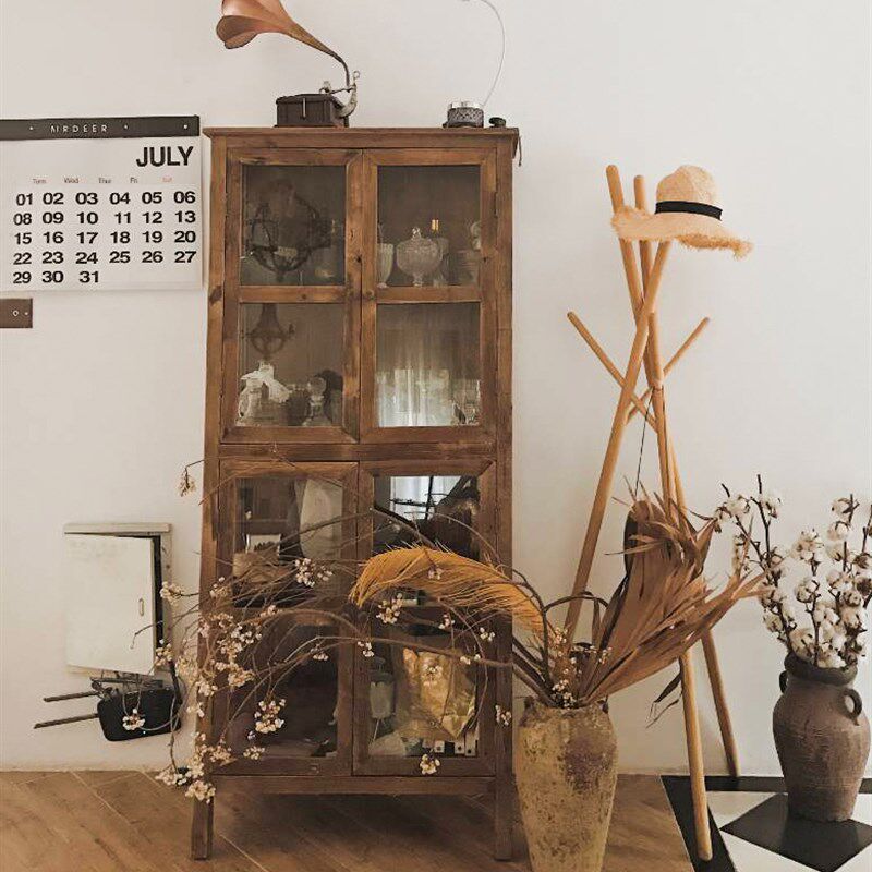 润家家居美式乡村复古餐边柜实木做旧玻璃储物柜卧室工作室陈列柜